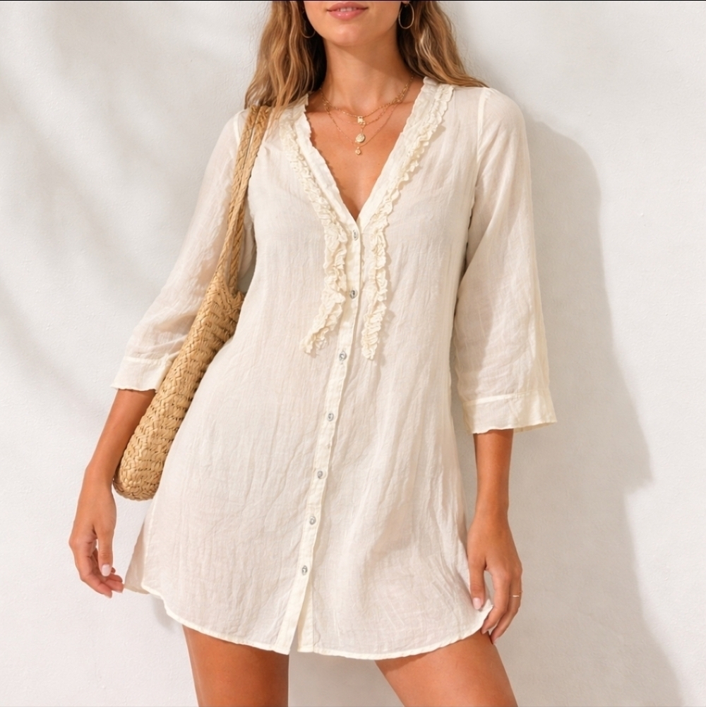 Converse One Star Cream Flowy Ruffle Button-Front Mini Dress XS